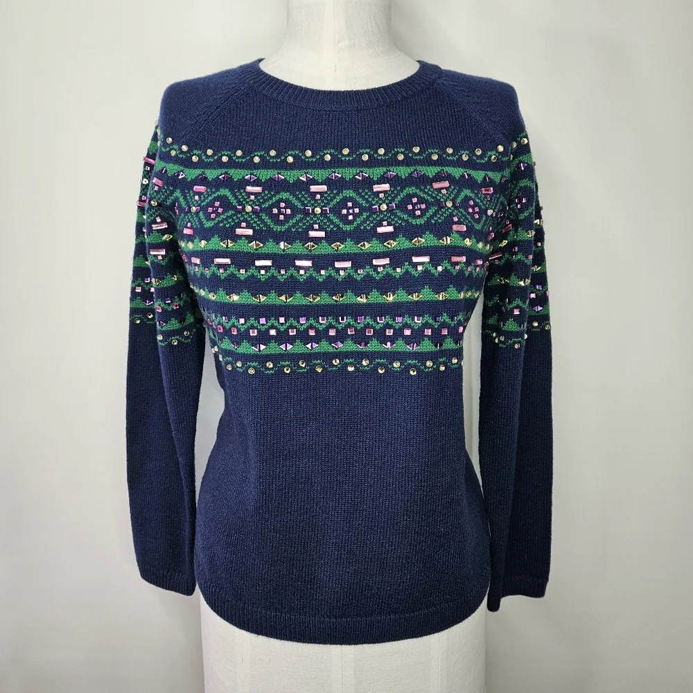 Talbots Size LP Sweater Fair Isle Gemstone Sparkle Navy Pastel Heavy Tight Knit